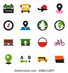 solid vector ixon set - camping cauldron vector, backpack, compass, school bus, world, bike, earth, map pin, Railway carriage, plane, route, signpost