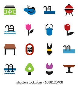 solid vector ixon set - camping cauldron vector, bbq, stadium, swimsuite, pool, tulip, pond, fruit tree, table