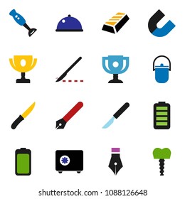 solid vector ixon set - camping cauldron vector, knife, blender, dish, pen, award cup, magnet, gold ingot, safe, battery, scalpel, tooth implant