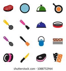 solid vector ixon set - camping cauldron vector, pan, skimmer, spatula, knife, plates, sieve, dish, steak, breads