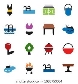 solid vector ixon set - camping cauldron vector, bbq, stadium, swimsuite, pool, tulip, pond, fruit tree, table