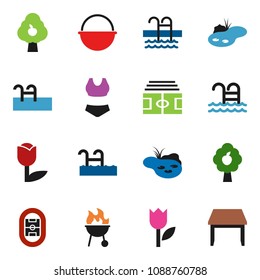 solid vector ixon set - camping cauldron vector, bbq, stadium, swimsuite, pool, tulip, pond, fruit tree, table
