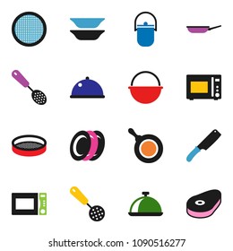 solid vector ixon set - camping cauldron vector, pan, skimmer, knife, microwave oven, plates, sieve, dish, steak