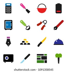 solid vector ixon set - camping cauldron vector, spatula, ladle, knife, grater, dish, pen, safe, gold ingot, hand trainer, consolidated cargo, battery, scalpel, tooth implant