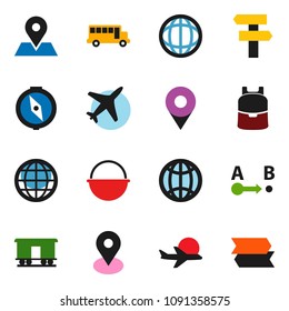 solid vector ixon set - camping cauldron vector, backpack, compass, school bus, world, map pin, plane, route, Railway carriage, globe, signpost