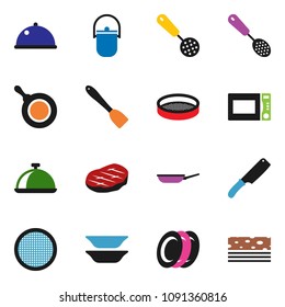 solid vector ixon set - camping cauldron vector, pan, skimmer, spatula, knife, microwave oven, plates, sieve, dish, steak, breads