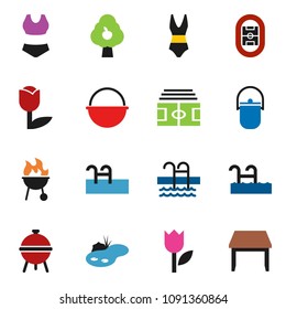 solid vector ixon set - camping cauldron vector, bbq, stadium, swimsuite, pool, tulip, pond, fruit tree, table