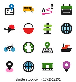 solid vector ixon set - camping cauldron vector, backpack, school bus, world, bike, signpost, navigator, map pin, plane, ship, route, Railway carriage, globe