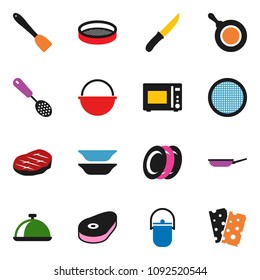 solid vector ixon set - camping cauldron vector, pan, skimmer, spatula, knife, microwave oven, plates, sieve, dish, steak, breads