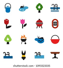 solid vector ixon set - camping cauldron vector, bbq, swimsuite, pool, stadium, tulip, pond, fruit tree, table