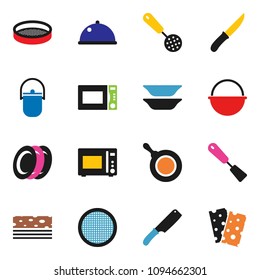 solid vector ixon set - camping cauldron vector, pan, skimmer, spatula, knife, microwave oven, plates, sieve, dish, breads
