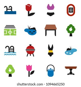 solid vector ixon set - camping cauldron vector, bbq, stadium, swimsuite, pool, tulip, pond, fruit tree, table