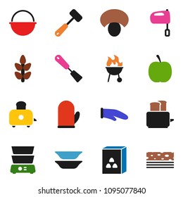 solid vector ixon set - camping cauldron vector, cook glove, spatula, meat hammer, mixer, toaster, double boiler, bbq, plates, cereal, mushroom, diet, cereals, breads