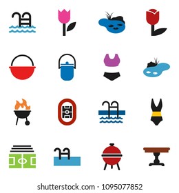 solid vector ixon set - camping cauldron vector, bbq, stadium, swimsuite, pool, tulip, pond, table