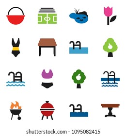 solid vector ixon set - camping cauldron vector, bbq, stadium, swimsuite, pool, tulip, pond, fruit tree, table