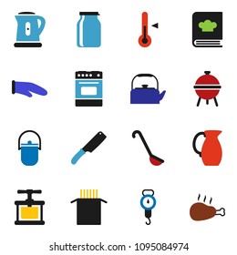 solid vector ixon set - camping cauldron vector, kettle, scales, cook glove, press, ladle, knife, oven, cookbook, thermometer, bbq, jug, jar, pasta, chicken leg