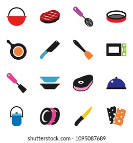 solid vector ixon set - camping cauldron vector, pan, skimmer, spatula, knife, microwave oven, plates, sieve, dish, steak, breads