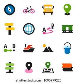 solid vector ixon set - camping cauldron vector, compass, school bus, world, bike, signpost, navigator, map pin, ship, route, Railway carriage, mountain