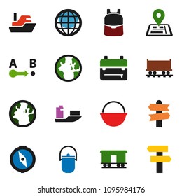 solid vector ixon set - camping cauldron vector, backpack, compass, world, signpost, navigator, earth, Railway carriage, ship, route, globe