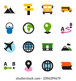 solid vector ixon set - camping cauldron vector, school bus, earth, map pin, plane, route, Railway carriage, globe, mountain, signpost