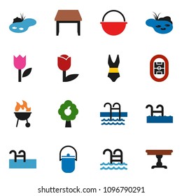 solid vector ixon set - camping cauldron vector, bbq, swimsuite, pool, stadium, tulip, pond, fruit tree, table