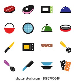 solid vector ixon set - camping cauldron vector, skimmer, knife, microwave oven, plates, sieve, dish, steak, breads