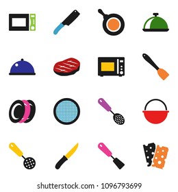 solid vector ixon set - camping cauldron vector, pan, skimmer, spatula, knife, microwave oven, plates, sieve, dish, steak, breads