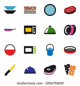 solid vector ixon set - camping cauldron vector, pan, knife, microwave oven, plates, sieve, dish, steak, breads