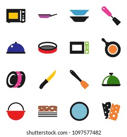 solid vector ixon set - camping cauldron vector, pan, spatula, knife, microwave oven, plates, sieve, dish, breads