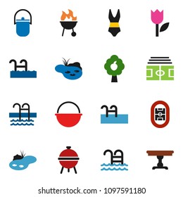 solid vector ixon set - camping cauldron vector, bbq, stadium, swimsuite, pool, tulip, pond, fruit tree, table