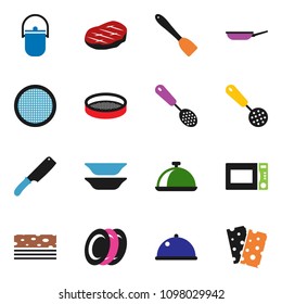 solid vector ixon set - camping cauldron vector, pan, skimmer, spatula, knife, microwave oven, plates, sieve, dish, steak, breads