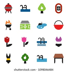 solid vector ixon set - camping cauldron vector, bbq, stadium, swimsuite, pool, tulip, pond, fruit tree, table