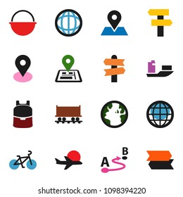 solid vector ixon set - camping cauldron vector, backpack, world, bike, signpost, navigator, earth, map pin, Railway carriage, plane, ship, route, globe