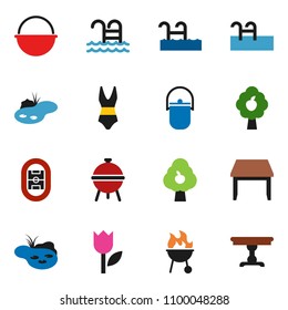 solid vector ixon set - camping cauldron vector, bbq, swimsuite, pool, stadium, tulip, pond, fruit tree, table