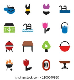 solid vector ixon set - camping cauldron vector, bbq, stadium, swimsuite, pool, tulip, pond, fruit tree, table