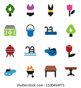 solid vector ixon set - camping cauldron vector, bbq, stadium, swimsuite, pool, tulip, pond, fruit tree, table