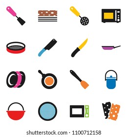 solid vector ixon set - camping cauldron vector, pan, skimmer, spatula, knife, microwave oven, plates, sieve, breads