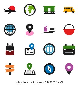 solid vector ixon set - camping cauldron vector, backpack, compass, school bus, world, signpost, navigator, earth, map pin, plane, ship, Railway carriage, globe