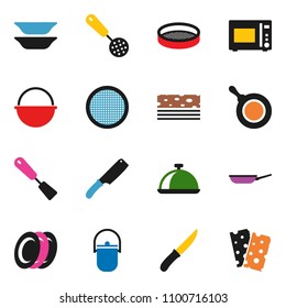 solid vector ixon set - camping cauldron vector, pan, skimmer, spatula, knife, microwave oven, plates, sieve, dish, breads