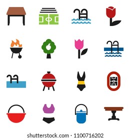 solid vector ixon set - camping cauldron vector, bbq, stadium, swimsuite, pool, tulip, fruit tree, table