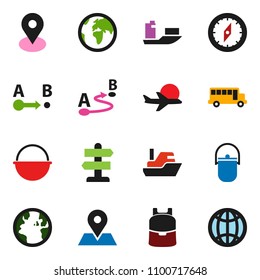 solid vector ixon set - camping cauldron vector, backpack, compass, school bus, signpost, earth, map pin, plane, ship, route, globe