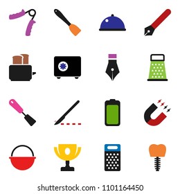 solid vector ixon set - camping cauldron vector, spatula, grater, toaster, dish, pen, award cup, magnet, safe, hand trainer, battery, scalpel, tooth implant