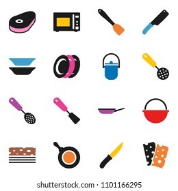 solid vector ixon set - camping cauldron vector, pan, skimmer, spatula, knife, microwave oven, plates, steak, breads