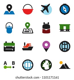 solid vector ixon set - camping cauldron vector, backpack, compass, world, navigator, earth, map pin, plane, ship, route, Railway carriage, globe, mountain