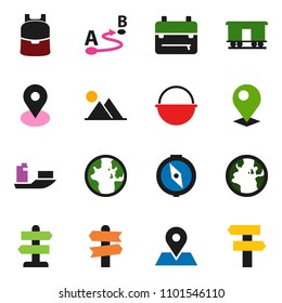 solid vector ixon set - camping cauldron vector, backpack, compass, world, signpost, earth, map pin, ship, route, Railway carriage, mountain