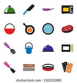 solid vector ixon set - camping cauldron vector, pan, skimmer, spatula, knife, microwave oven, sieve, dish, steak, breads