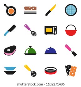 solid vector ixon set - camping cauldron vector, pan, skimmer, spatula, knife, microwave oven, plates, sieve, dish, steak, breads