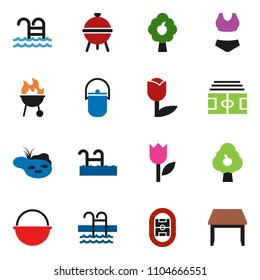 solid vector ixon set - camping cauldron vector, bbq, stadium, swimsuite, pool, tulip, pond, fruit tree, table