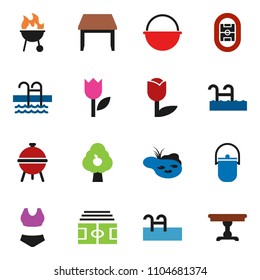 solid vector ixon set - camping cauldron vector, bbq, stadium, swimsuite, pool, tulip, pond, fruit tree, table