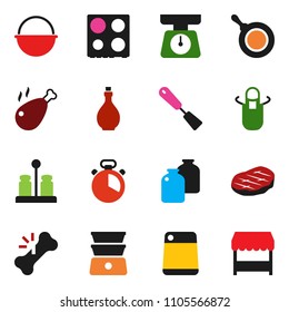 solid vector ixon set - camping cauldron vector, pan, oil, scales, apron, cook timer, spatula, cutting board, oven, double boiler, spices, jar, steak, chicken leg, broken bone, market